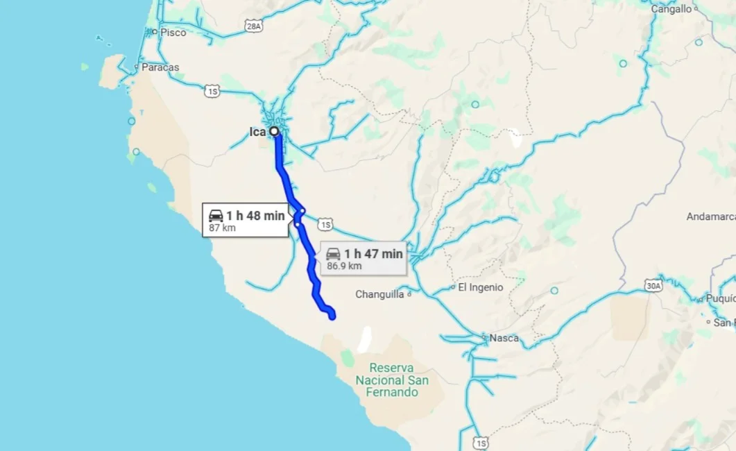Mapa para llegar al Cañón de los Perdidos desde Ica