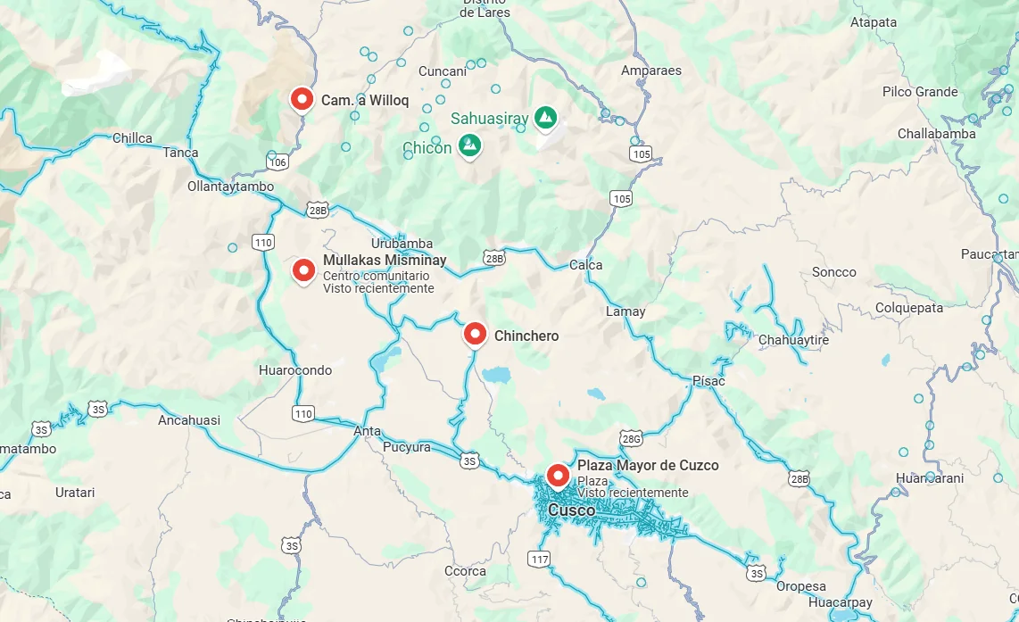 Mapa de los destinos para turismo vivencial en Chinchero