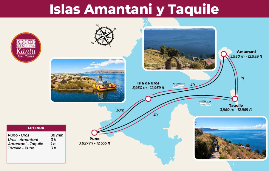 Mapa para llegar a la isla Amantani y la Isla Taquile