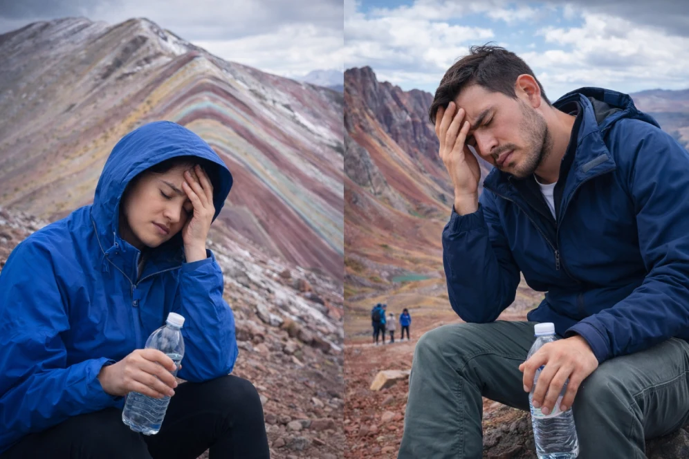 Travelers resting due to symptoms of altitude sickness (soroche) in Vinicunca and Pallay Puncho, the mountain of colors in Cusco.