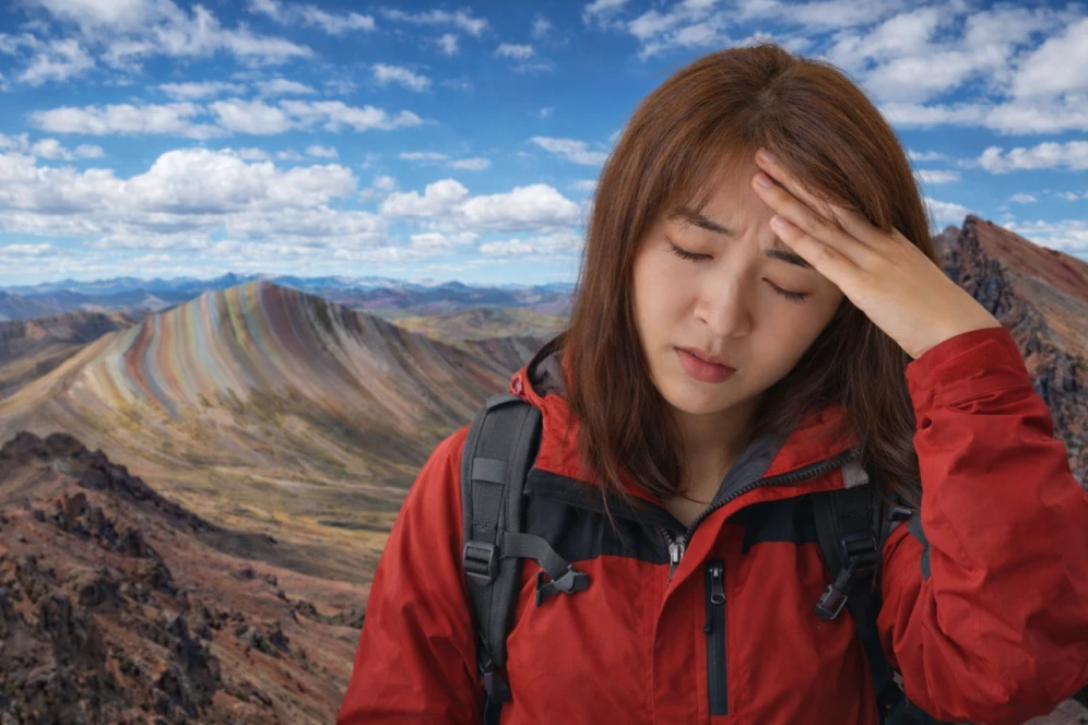 Tourist experiencing altitude sickness with headache at a rainbow mountain in Cusco. Pallay Puncho vs Palccoyo