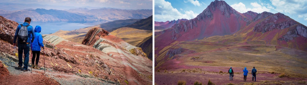 Tourits walking on Pallay Punchu rainbow mountain in Cusco with panoramic views of Langui–Layo Lake and colorful mineral ridges.