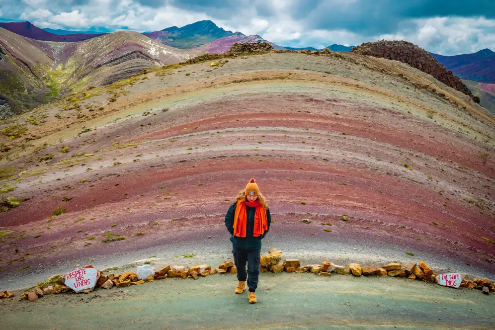 Palccoyo rainbow mountain in Cusco showing colorful mineral layers and the main viewpoint in the Andes.